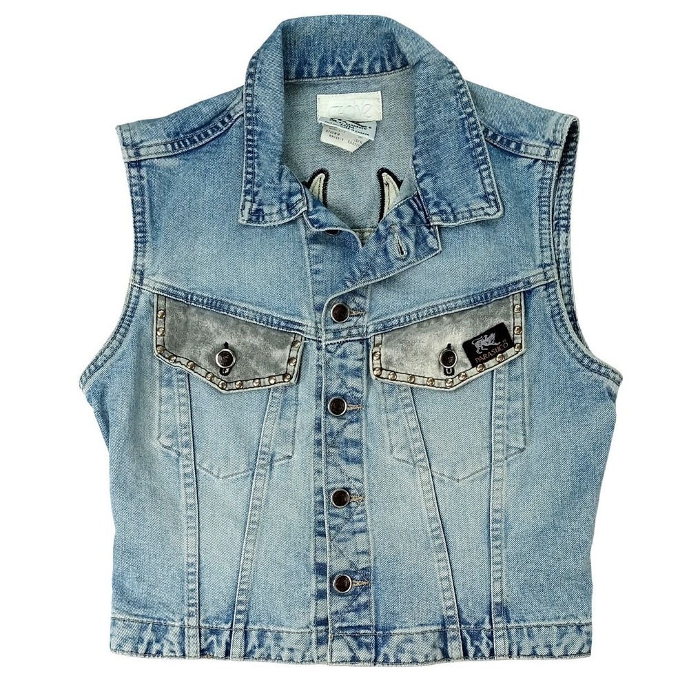 PARASUCO Womens M/M Blue Denim Eagle Patch Sleeveless Vest‎ Jacket